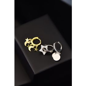 Papatya Silver UVPTS300428 925 Ayar Rodyum Gold Kaplama Zirkon Taşlı Sallantılı Tasarım Kombin Halka Gümüş Küpe