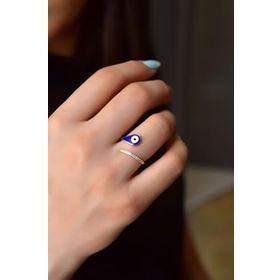 Papatya Silver UVPTS400033 925 Ayar Gold Kaplama Ayarlanabilir Zirkon Taşlı Damla Mineli Nazar Göz Gümüş Yüzük