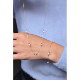 Papatya Silver UVPTS600002 925 Ayar Gümüş Gold Dorika Toplu Incili Kolye Bileklik Set