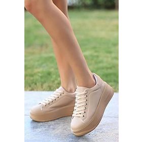 Papuç Sepeti 2596 Krem Kadın Yüksek Topuk Günlük Sneaker Ayakkabı