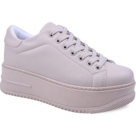 Papuç Sepeti 2596 Krem Kadın Yüksek Topuk Günlük Sneaker Ayakkabı
