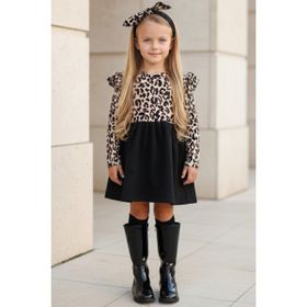 Parla Kids ELB-0059 Leopar Desenli Uzun Kollu Fırfırlı Kız Çocuk Elbise Bandana Takım