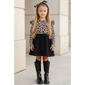 Parla Kids ELB-0059 Leopar Desenli Uzun Kollu Fırfırlı Kız Çocuk Elbise Bandana Takım