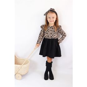 Parla Kids ELB-0059 Leopar Desenli Uzun Kollu Fırfırlı Kız Çocuk Elbise Bandana Takım
