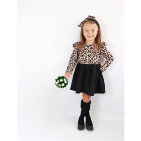 Parla Kids ELB-0059 Leopar Desenli Uzun Kollu Fırfırlı Kız Çocuk Elbise Bandana Takım