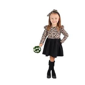Parla Kids ELB-0059 Leopar Desenli Uzun Kollu Fırfırlı Kız Çocuk Elbise Bandana Takım