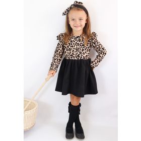 Parla Kids ELB-0059 Leopar Desenli Uzun Kollu Fırfırlı Kız Çocuk Elbise Bandana Takım