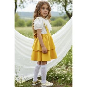 Parla Kids TKM-0181.4 Helen Sarı Askılı Kat Kat Bağlama Jile Elbise Dantel Detay Kısa Kollu Bluz Kız Çocuk Takımı
