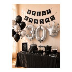 Parti Adresi 30 Yaş Balon Seti Siyah Gümüş Doğum Günü Parti Seti