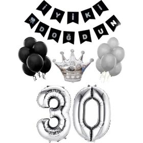 Parti Adresi 30 Yaş Balon Seti Siyah Gümüş Doğum Günü Parti Seti