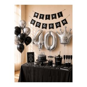 Parti Adresi 40 Yaş Balon Seti Siyah Gümüş Doğum Günü Parti Seti