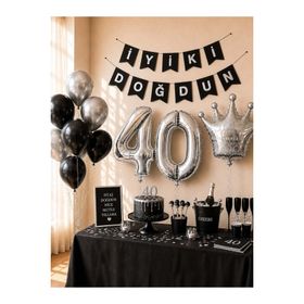 Parti Adresi 40 Yaş Balon Seti Siyah Gümüş Doğum Günü Parti Seti