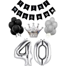 Parti Adresi 40 Yaş Balon Seti Siyah Gümüş Doğum Günü Parti Seti