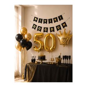 Parti Adresi 50 Yaş Balon Seti Siyah Altın Doğum Günü Parti Seti