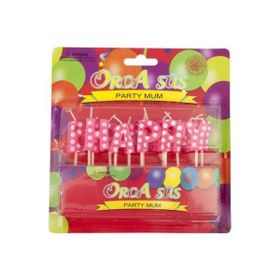 Partici Happy Birthday Pembe Puantiyeli Kürdan Mum Seti