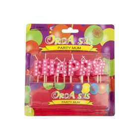 Partici Happy Birthday Pembe Puantiyeli Kürdan Mum Seti