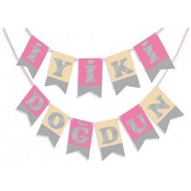 Partici Pembe Gümüş Yaldızlı İyi Ki Doğdun Banner