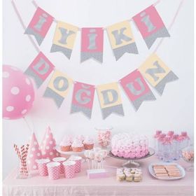 Partici Pembe Gümüş Yaldızlı İyi Ki Doğdun Banner