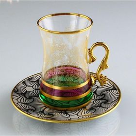 Paşabahçe Tuna Altın Yaldızlı Cam Çay Tabaklı Kulplu 12 Parça 6 Kişilik Çay Set