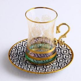 Paşabahçe Tuna Altın Yaldızlı Cam Çay Tabaklı Kulplu 12 Parça 6 Kişilik Çay Set