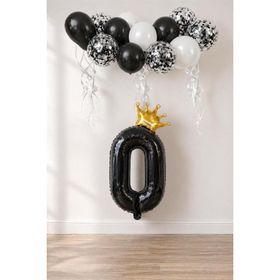 Patladı Gitti 0 Rakam Siyah Kral Tacı ve Konfetili Folyo Balon Set