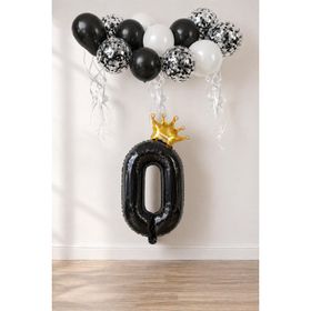 Patladı Gitti 0 Rakam Siyah Kral Tacı ve Konfetili Folyo Balon Set