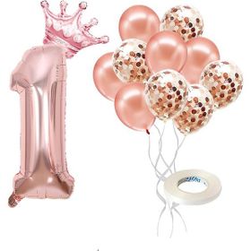 Patladı Gitti 1 Rakam Rose Gold Kral Tacı ve Konfetili Folyo Balon