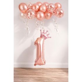 Patladı Gitti 1 Rakam Rose Gold Kral Tacı ve Konfetili Folyo Balon