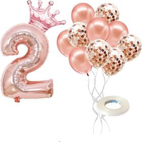 Patladı Gitti 2 Rakam Rose Gold Kral Tacı ve Konfetili Folyo Balon