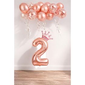 Patladı Gitti 2 Rakam Rose Gold Kral Tacı ve Konfetili Folyo Balon