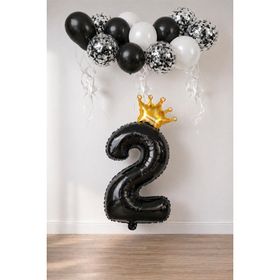 Patladı Gitti 2 Rakam Siyah Kral Tacı ve Konfetili Folyo Balon Set