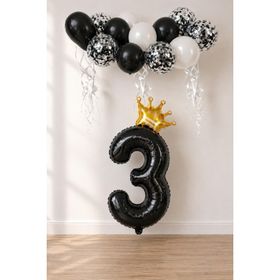 Patladı Gitti 3 Rakam Siyah Kral Tacı ve Konfetili Folyo Balon Set