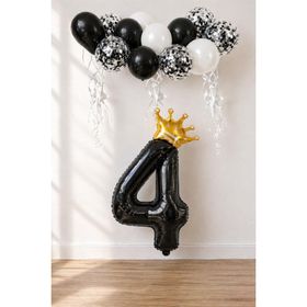 Patladı Gitti 4 Rakam Siyah Kral Tacı ve Konfetili Folyo Balon Set