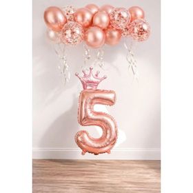 Patladı Gitti 5 Rakam Rose Gold Kral Tacı ve Konfetili Folyo Balon
