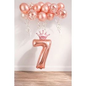 Patladı Gitti 7 Rakam Rose Gold Kral Tacı ve Konfetili Folyo Balon