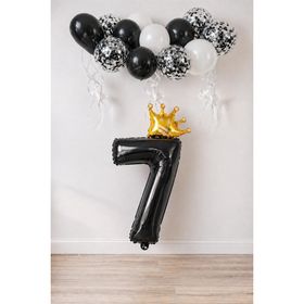 Patladı Gitti 7 Rakam Siyah Kral Tacı ve Konfetili Folyo Balon Set