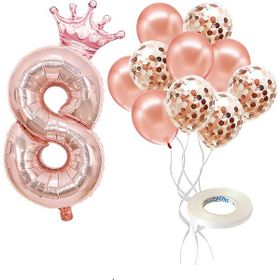 Patladı Gitti 8 Rakam Rose Gold Kral Tacı ve Konfetili Folyo Balon