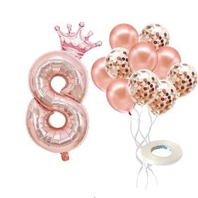 Patladı Gitti 8 Rakam Rose Gold Kral Tacı ve Konfetili Folyo Balon
