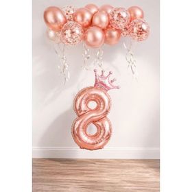 Patladı Gitti 8 Rakam Rose Gold Kral Tacı ve Konfetili Folyo Balon