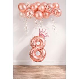 Patladı Gitti 8 Rakam Rose Gold Kral Tacı ve Konfetili Folyo Balon