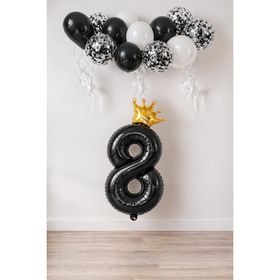 Patladı Gitti 8 Rakam Siyah Kral Tacı ve Konfetili Folyo Balon Set