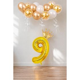 Patladı Gitti 9 Rakam Gold Kral Tacı ve Konfetili Folyo Balon