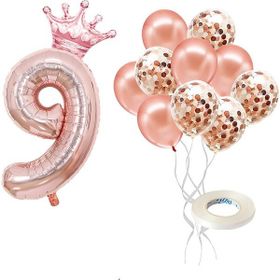 Patladı Gitti 9 Rakam Rose Gold Kral Tacı ve Konfetili Folyo Balon