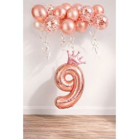 Patladı Gitti 9 Rakam Rose Gold Kral Tacı ve Konfetili Folyo Balon