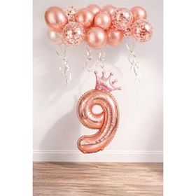 Patladı Gitti 9 Rakam Rose Gold Kral Tacı ve Konfetili Folyo Balon