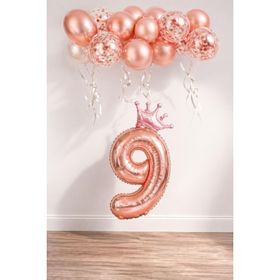 Patladı Gitti 9 Rakam Rose Gold Kral Tacı ve Konfetili Folyo Balon