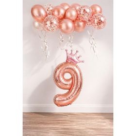 Patladı Gitti 9 Rakam Rose Gold Kral Tacı ve Konfetili Folyo Balon