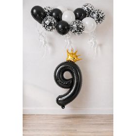 Patladı Gitti 9 Rakam Siyah Kral Tacı ve Konfetili Folyo Balon Set