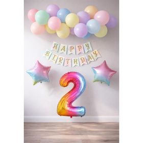 Patladı Gitti Gökkuşağı Konsepti 2 Yaş Rakam Yıldız Folyo Banner ve Makaron Balon Doğum Günü Parti Kutlama Seti