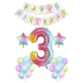 Patladı Gitti Gökkuşağı Konsepti 3 Yaş Rakam Yıldız Folyo Banner ve Makaron Balon Doğum Günü Parti Kutlama Seti
